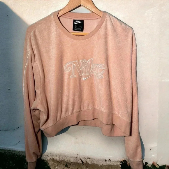 Nike peachy pink spell  out crewneck velour M - Picture 1 of 5